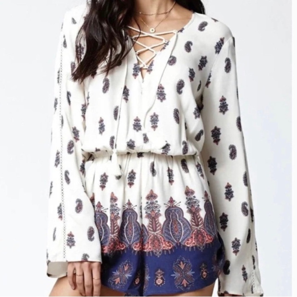 Long sleeve sexy tie chest romper boho romper, medallion print, paisley print